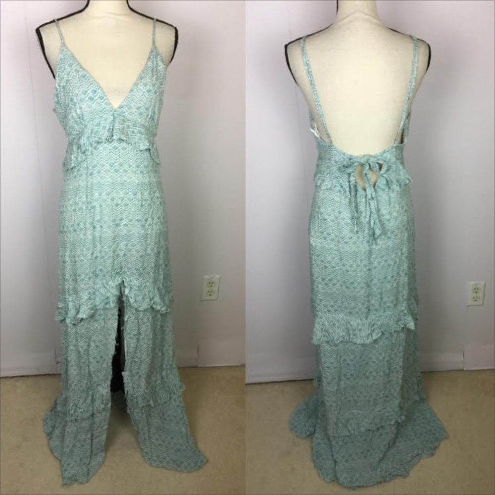 New!! Bonhomia Maxi Dress M Blue Teal V-Neck Low Back Ruffle Front Slit